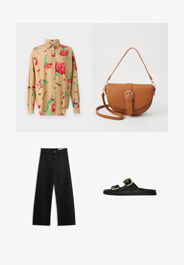 Bežna srajca z dolgimi rokavi in ovratnikom na gumb. Ima rdeče in zeleno cvetlično vzorčenje ter različne črne skice, vključno s svinčniki in sponkami.; Črne široke denim hlače z visokim pasom, ki imajo sprednje in zadnje žepe, šivane šive ter gumbasto zapiranje. Gladka tekstura.; Črne drsne sandale z dvema zlatima zaponkama, gladkega materiala, ravnim podplatom in minimalističnim dizajnom.; Rjava usnjena torbica prek telesa s ukrivljeno obliko, zlate opreme in sponko. Ima odstranljiv naramni trak.