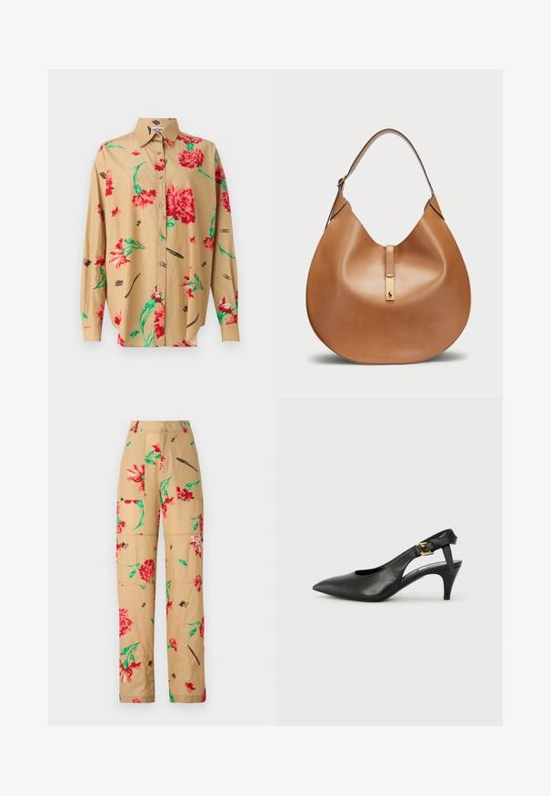 Hihaton beige paita, jossa on napitettavat kaulukset. Siinä on punaisia ja vihreitä kukkakuoseja sekä erilaisia mustia luonnoksia, kuten kyniä ja klipsuja.; Housut kukkakuviolla, joissa on vaaleanbeige tausta, punaisia ja vihreitä kukkia sekä mustia yksityiskohtia. Rennon malliset, sivutaskut.; Musta nahka slingback-korkokenkä, jossa on teräväkärkinen muoto, pieni korko ja solk yksityiskohta nilkkahihnassa. Tasainen pinta, minimalistinen muotoilu.; Tan nahkalaukku, jossa on kaareva muoto ja leveä olkahihna. Keskellä on kultainen metallikoriste ja pinta on sileä.