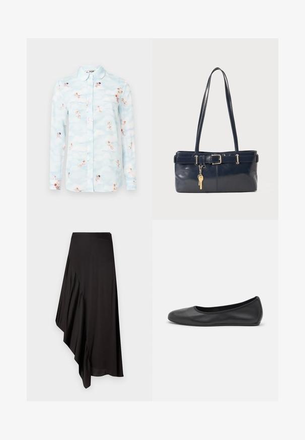 Light blue long-sleeve button-up shirt with a rounded collar, decorated with a pattern of cherubs and clouds.; AERON ASTER SKIRT - Pencil skirt - black; Black leather ballet flat with a rounded toe, smooth texture, minimal stitching detail, and a flexible sole design.; Navy leather handbag with two long handles, a buckle detail, and a keychain attached. Features a smooth texture and a rectangular shape.