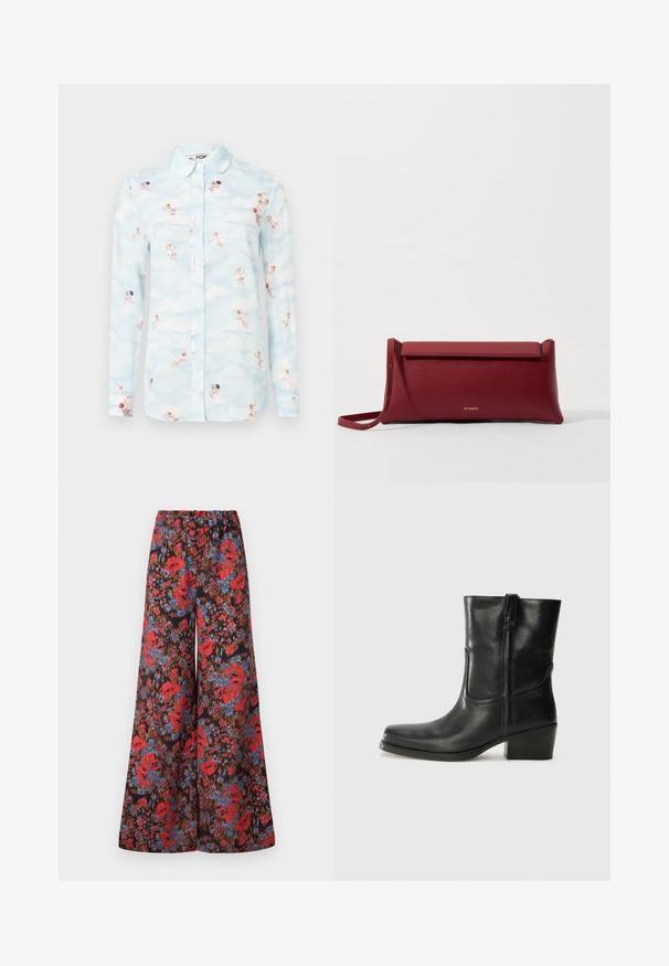 Jasnoniebieska koszula z długim rękawem, zapinana na guziki, z okrągłym kołnierzykiem, ozdobiona wzorem aniołków i chmur.; Spodnie o szerokich nogawkach wykonane z czarnego materiału ozdobionego żywym kwiatowym wzorem w czerwieni i niebieskim, z elastycznym paskiem w talii dla komfortu.; Czarne skórzane botki za kostkę z okrągłym noskiem, słupkowym obcasem, bocznym zamkiem i przeszyciami na cholewce. Gładka tekstura, klasyczny design.; Czerwona skórzana kopertówka o teksturowanym wykończeniu, z płaskim złożonym wierzchem i krótkim paskiem. Subtelne logo marki z przodu.