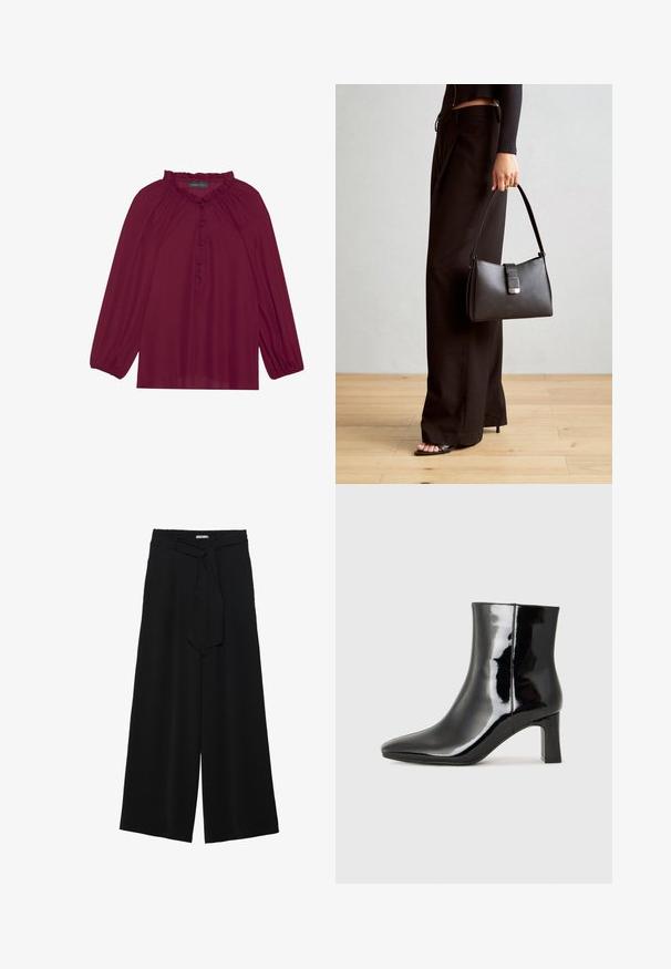 Βουργουνδίσιο μπλουζάκι με μακριά φουσκωτά μανίκια, ριγέ λαιμόκοψη και κουμπιά στο μπροστινό μέρος. Μαλακό, ελαφρύ ύφασμα με λείο υφή.; Μαύρο παντελόνι με φαρδιά πόδια, φτιαγμένο από υφασμάτινη ύλη με υφή, με ελαστική μέση και αποσπώμενη ζώνη στη μέση για ρυθμιζόμενη εφαρμογή.; Μαύρη πατενταρισμένη δερμάτινη μπότες αστραγάλου με μυτερή μύτη και μεσαίο τετράγωνο τακούνι. Λείος υφή και μινιμαλιστικός σχεδιασμός.; Μαύρη τσάντα χειρός με δομημένο σχήμα, λεία υφή και μεταλλικό κούμπωμα. Συνδυασμένη με φαρδιά μαύρα παντελόνια και σανδάλια ανοιχτής μύτης πάνω σε ξύλινο πάτωμα.