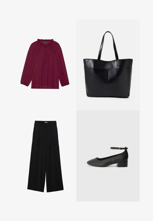 Blouse bordeaux avec de longues manches bouffantes, un col froncé et une fermeture à boutons. Tissu doux et léger avec une texture lisse.; Pantalons larges noirs en tissu texturé, avec une taille élastique et une ceinture à nouer amovible à la taille pour un ajustement variable.; Escarpin en cuir noir avec un bout pointu et un petit talon bloc. Doté d'une bride de cheville avec une boucle dorée. Texture lisse.; Sac fourre-tout en cuir noir avec deux longues poignées, une texture lisse et une forme structurée. Dispose d'une poche avant pour un rangement supplémentaire.