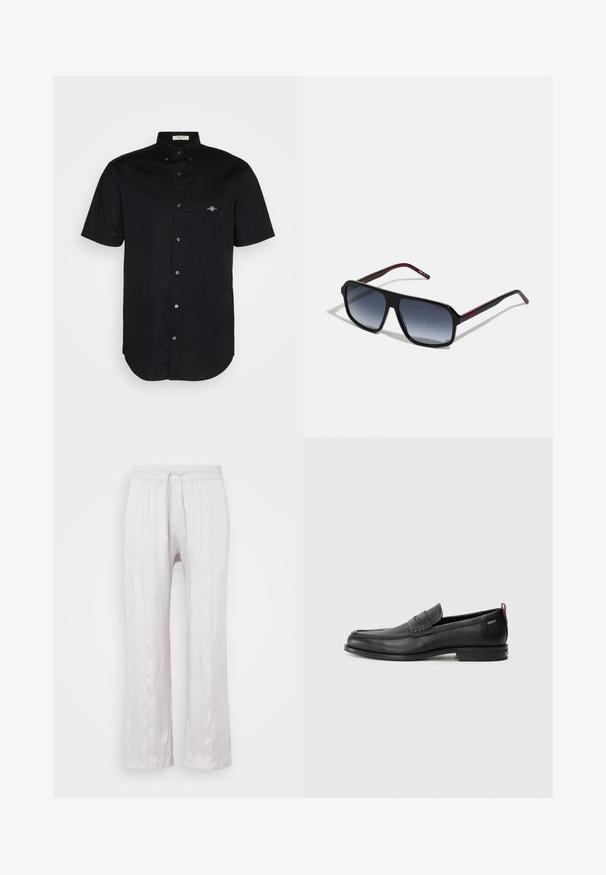 Kortsleppet svart skjorte, bomullsmateriale, knapp-ned krage, frontlomme med brodert logo, rett kant, glatt tekstur.; Lys grå, løstsittende bukser i glatt stoff med elastisk midjebånd og snor. Rett ben med subtile folder, ingen synlige mønstre.; Svarte lær loafers med teksturert frontpanel og glatte sider. Har en slank hæl og bakløkke for enkel påkledning. Klassisk design.; Sorte, rektangulære solbriller med graderte grå linser. Har røde detaljer på stengene og en glatt plastramme.