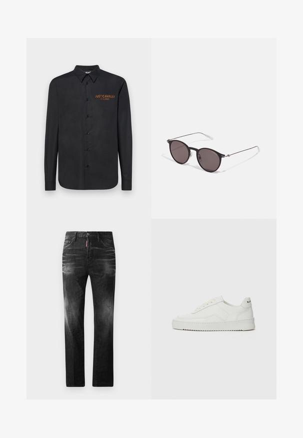 Melnas garas piedurknes krekls, izgatavots no gludas auduma, ar pogu priekšpusi, norādītu apkakli un oranžu izšūtu logotipu "JUST CAVALLI MILANO" uz krūšu.; Melni džinsi no denima ar taisnu piegriezumu. Iespējas ietver izbalējušas vietas, nelielas nodiluma pazīmes, klasisko piecu kabatu dizainu un pogu aizdari.; Baltas ādas sneakers ar gludu virsmu, apaļu pirkstu daļu, plakaniem šņorēm un teksturētu zoli. Satur diskrētu logotipu uz papēža.; Melni apaļi saulesbrilles ar tumšiem lēca un plānām metāla stangām. Iekļautas caurspīdīgas tempļu galviņas un sudraba akcenti pie eņģes. Minimalistisks dizains.