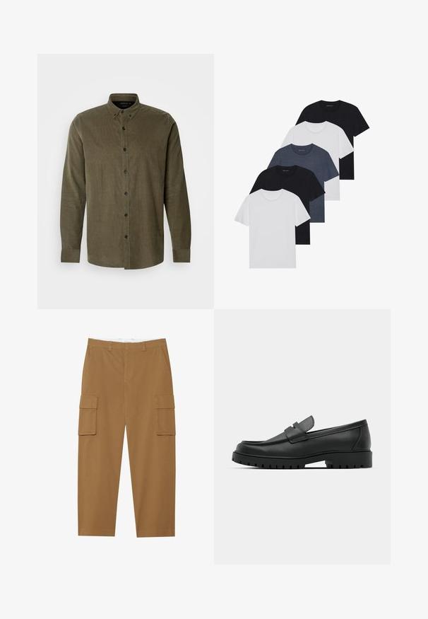 Maslinasto zelena košulja od kordura s dugim rukavima, kragnom na dugmadi, prednjim kopčanjem na dugmad i crnim plastičnim dugmadima. Mekani strukturirani materijal.; Set od pet majica u crnoj, bijeloj i tamnoplavoj boji. Pamuk, kratki rukavi, kružićasti izrez i jednolična tekstura bez uzoraka.; Smeđe cargo hlače s dva bočna džepa, ravnim prednjim dijelom i ravnim krojem. Izrađene su od izdržljive tkanine s glatkom teksturom.; Crne kožne mokasine s zaobljenim vrhom, s ušivenim dizajnom, niskom platformom i teksturiranim, gumenim potplatom s izbočinama.