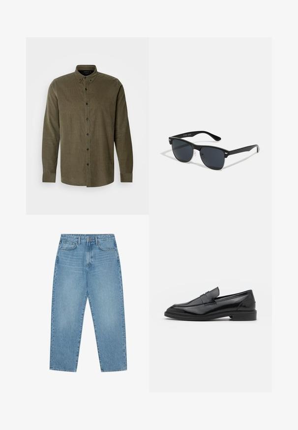 Olívazöld kordbársony ing hosszú ujjal, gombos gallérral, elöl gombos záródással és fekete műanyag gombokkal. Puha textúrájú anyag.; Világoskék farmer széles szárú nadrág magas derékkal, öt zsebből, övhurkokkal és puha, enyhén fakó textúrával.; Fekete bőrcipók sima felülettel, kerek orral és keskeny sávval a felsőrészen. Alacsony, rétegelt sarkú.; Fekete napszemüveg, téglalap alakú, sötét lencsékkel, ezüst részletekkel a szárakon, és matt felülettel a kereten.