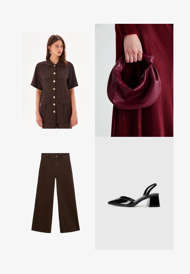 Camicia marrone a maniche corte con bottoni, due tasche frontali e bottoni dorati. Texture liscia e design del colletto classico.; Pantaloni larghi marroni in misto cotone, caratterizzati da orlo sfrangiato, chiusura frontale con bottone e classico design a cinque tasche. Minimalisti e versatili.; Décolleté in vernice nera con punta affusolata e tacco in geometria cubica. Presentano un design elegante e minimalista, con una texture liscia.; Borsa in pelle bordeaux con un design morbido e arricciato e una forma arrotondata. Il manico è fissato, mostrando una texture liscia.