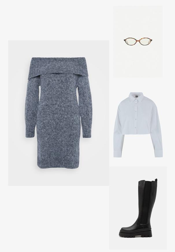 Afskåret hvid skjorte med spidse kraver, lange ærmer og en glat tekstur. Har en frontplacket med matchende knapper.; Strikket sweaterkjole i mørkegrå med off-the-shoulder halsudskæring, lange ærmer og et struktureret mønster hele vejen igennem.; Sorte knæhøje støvler lavet af glat læder med elastiske sidepaneler, chunky platformsål og ribbet tekstur i bunden.; Skildpaddebriller med ovale linser og en elegant, glat finish. Har tynde sider med en subtil kurve ved tindingerne. Klare linser.