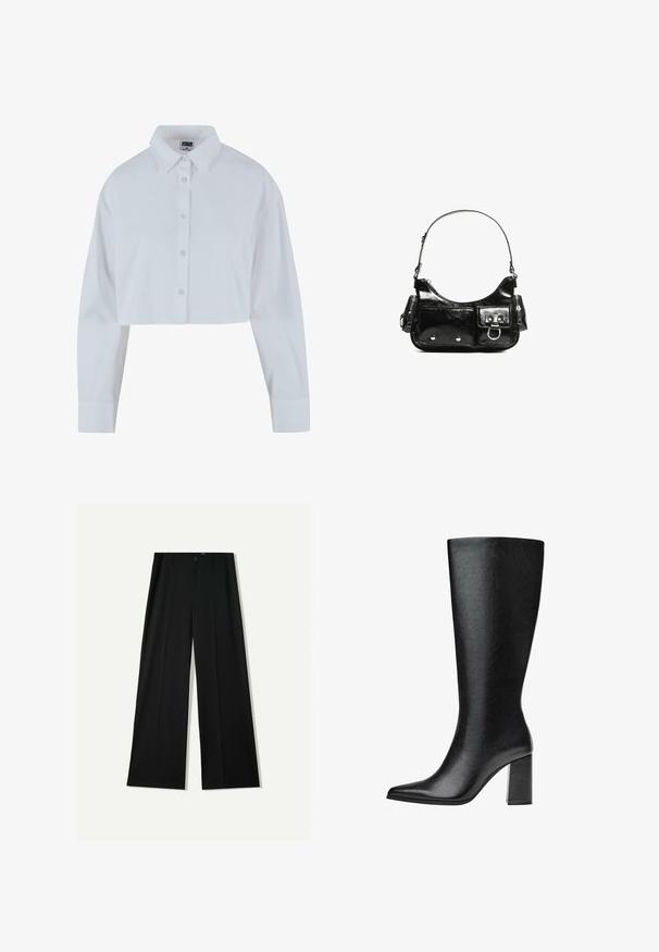 Cropped white button-up shirt with a pointed collar, long sleeves, and a smooth texture. Features a front placket with matching buttons.; Bershka WIDE - Trousers - black; Black knee-high boot made of faux leather with a pointed toe, smooth texture, and a chunky block heel. Minimalist design with no visible accents.; Black patent leather handbag with a curved shape, one shoulder strap, front pockets, and silver-tone hardware accents.