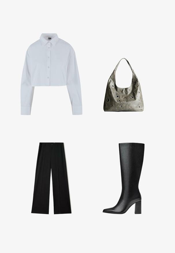 Cămășă albă decupată, cu guler ascuțit, mâneci lungi și o textură netedă. Are o clapetă frontală cu nasturi asortați.; Pantaloni negri, cu croială largă, dintr-un material neted, având pliseuri frontale și închidere cu nasture. Concepuți pentru un fit relaxat și un aspect formal.; Bot negre până la genunchi, realizat din piele ecologică, cu vârf ascuțit, textură netedă și toc gros. Design minimalist fără accente vizibile.; Geantă din piele de culoare verde măslin, cu un design relaxat, având decupaje circulare de diverse dimensiuni și accente în nuanțe mai închise și mai clare.