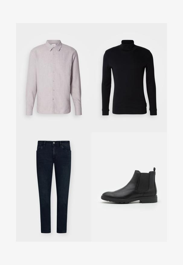 Gai pelēks lina krekls ar apkakli, garām piedurknēm un pogu aizdari. Iezīmējas ar smalku tekstūru un pērļmātēm pogām gar plāksni.; Melnas garām piedurknēm turtleneck krekls, izgatavots no mīkstas auduma. Tam ir piegulosa dizaina forma ar ribotām aprocēm un gludu tekstūru. Nav raksturojumu vai logo.; Tumši zili džinsi ar šauru piegriezumu, piecu kabatu dizainu, pogu aizdari un minimālu izbalēšanu. Taisna priekšpuse un šauras kāju atveres.; Melnas ādas Čelsijas zābaki ar elastīgiem sānu paneļiem un aiztures cilpu, ar noapaļotu pirkstu un strukturētu gumijas zoli.