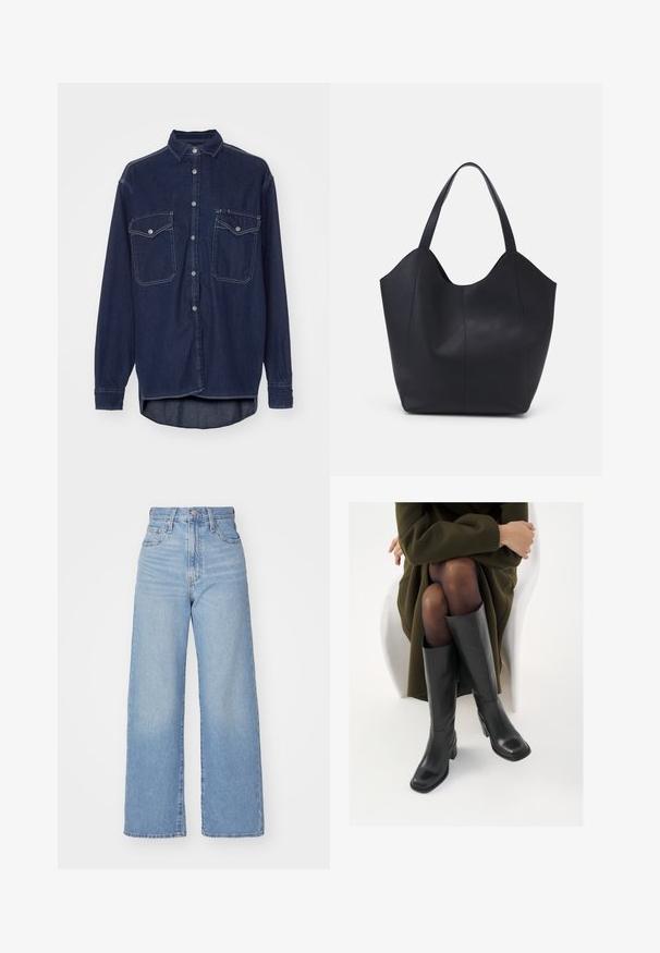 Mørkeblå denimskjorte med knapper, to brystlommer og spiss krage. Den har kontrasterende hvite sømmer og lange ermer.; Lys blå høytlivs vide jeans med knapp- og glidelås lukking foran, foran og bak lommer, på en hvit bakgrunn.; Knæhøye sorte lærstøvler med firkantet tå og blokkhelt, vist med en modell som sitter iført en olivengrønn kåpe. Glatt tekstur, minimal detaljering.; Svart tote-veske laget av glatt lær, med en buet, åpen topp og to skulderstropper, samt et minimalistisk design.