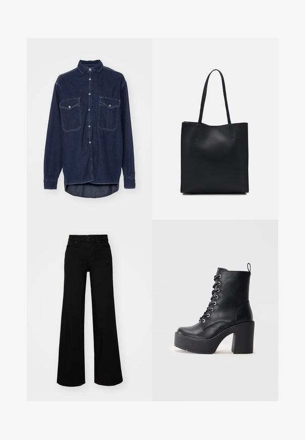 Mørkeblå denimskjorte med knapper, to brystlommer og spiss krage. Den har kontrasterende hvite sømmer og lange ermer.; Svart vide bukser laget av denim, med en strukturert midjebånd, beltestropper og frontlommer. Glatt tekstur med et klassisk design.; Sorte læder ankelstøvle med en kraftig blokhæl, snøre foran og tekstureret overflade. Har en flap på bagsiden for nem påtagning.; Svart lær tote bag med glatt tekstur, rektangulær form og to lange håndtak. Ingen synlige deler eller dekorasjoner.