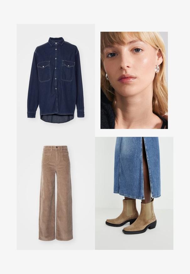Mørkeblå denimskjorte med knaplukning foran, to brystlommer og spidse krave. Har kontrasterende hvid syning og lange ærmer.; ONLY HOPE GLOBAL HW EBBA POCKETS - Bukser - fossil; Suedes ankelstøvler i tan med elastiske sidepaneler og en sort blokhælh. Båret med en lyseblå denimnederdel med en sideslids.; Pilgrim ASHER RECYCLED EARRINGS - Øreringe - silver-coloured