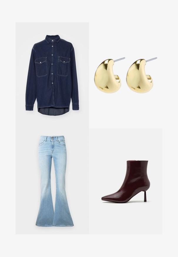 Dark blue denim shirt with a button-up front, two chest pockets, and a pointed collar. Features contrasting white stitching and long sleeves.; Light blue flared jeans made of denim. Features a high waist with two buttons and slight fading towards the hem. Classic five-pocket design.; Burgundy patent leather ankle boot with a pointed toe and a slim stiletto heel, featuring a smooth, glossy texture and minimalistic design.; Gold-colored earrings with a smooth, rounded shape featuring a reflective surface and a post back for secure wear.