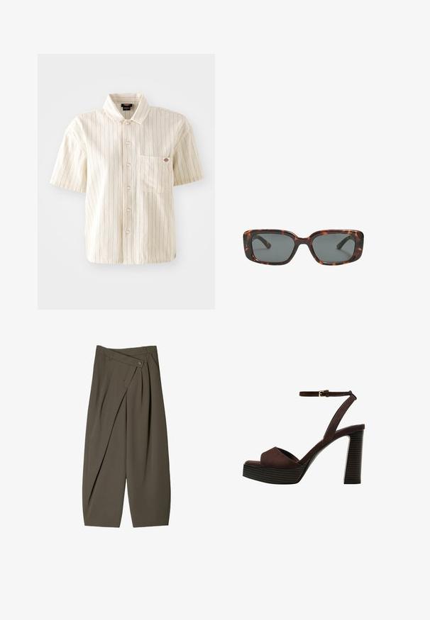 Short-sleeve, cream button-up shirt with red vertical stripes and a left chest pocket, made of cotton fabric, featuring a collared neckline.; Wide-fit trousers in dark olive green fabric, featuring a pleated front design, a button closure, and a polished, textured surface.; Brown suede high-heeled sandal with an open toe, adjustable ankle strap, and a striped platform sole.; Tortoiseshell sunglasses with rectangular lenses, thick frames, and dark tinted lenses. Smooth texture and minimalistic design.