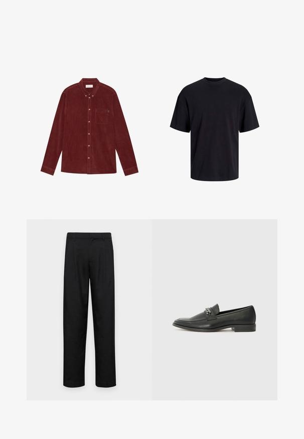Cămașă roșie din corduroy cu guler cu butoni, mâneci lungi, buzunar frontal și butoane aurii. Material texturat.; Tricou din bumbac negru, cu guler rotund, mâneci scurte și o croială lejeră. Textură netedă și fără modele sau accente vizibile.; Pantaloni negri dintr-un material neted, cu un design drept, două pliuri frontale și un tiv standard cu bucle pentru curea.; Pantofii negri din piele cu un finisaj neted, având un design cusut și un accent decorativ de lanț metalic peste partea de sus. Toc plat.