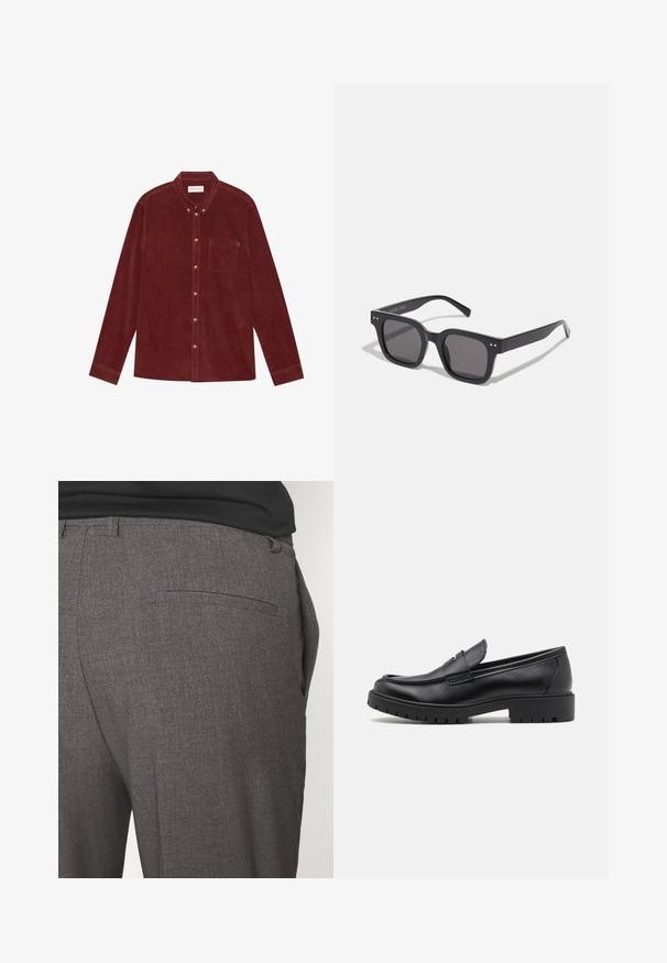 Camicia in cotone a coste rossa con colletto a bottoni, maniche lunghe, taschino anteriore e bottoni color oro. Tessuto testurizzato.; Confezione doppia di magliette bianche con maniche corte, colletto rotondo e una consistenza liscia simile al cotone. Design semplice senza motivi visibili.; Pantaloni grigi su misura con una texture liscia, dotati di una sola tasca posteriore e un design slim fit. Il tessuto presenta un motivo sottile.; Mocassini in pelle nera con punta arrotondata, design senza lacci e suola in gomma spessa con battistrada testurizzato. Tacco elevato e dettagli di cucitura discreti.; Occhiali da sole neri rettangolari con lenti scure, dotati di una montatura spessa, accenti sottili sui lati e senza loghi visibili oltre al nome del marchio.; Borsa a tracolla in pelle marrone con un davanti piatto, due cinghie, dettagli in metallo dorato e una tracolla regolabile.