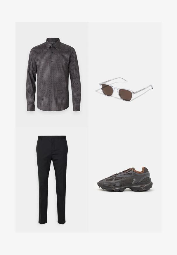 Košile s dlouhými rukávy v tmavě modré látce s jemným geometrickým vzorem ve světle modré a hnědé. Obsahuje standardní límec a zapínání na knoflíky.; Černé elegantní kalhoty s rovnýma nohavicema, vyrobené z hladkého materiálu. Obsahují poutka na opasek a detail sklady na přední straně.; Sněrovací boty Lacoste v tmavě šedé barvě s síťovinou a syntetickým materiálem, prezentující texturovanou podrážku a hnědé detaily na límci a logu.; Průhledné plastové sluneční brýle s obdélníkovými hnědými skly, vybavené tenkými průhlednými obrubami a kovovými detaily na spáncích.