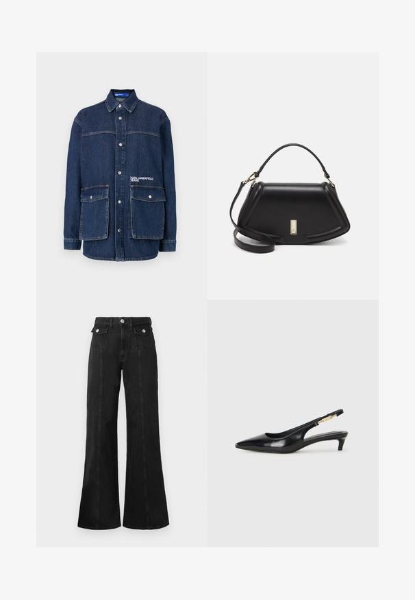 Denim jacket in dark blue, featuring a collared neckline, snap buttons, two chest pockets, and embroidered "Karl Lagerfeld Jeans" branding.; Black denim flared jeans with a high waist, featuring two front pockets, silver-tone hardware, and visible seam detailing along the front.; Black leather slingback heels with a pointed toe, featuring a slim heel and a gold-tone accent on the adjustable strap. Smooth texture.; Black leather handbag with a structured design, featuring a cropped shape, top handle, and gold hardware accent. Adjustable shoulder strap included.