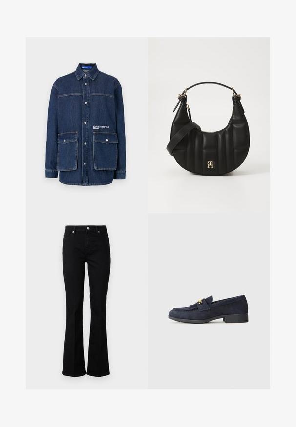 Giacca di jeans blu scuro, con colletto, bottoni a pressione, due tasche sul petto e ricamo con il marchio "Karl Lagerfeld Jeans".; Jeans neri a zampa d'elefante realizzati in denim con una trama liscia; presentano tasche frontali, chiusura con zip e dettagli in metallo argentato.; Mocassini in suede blu navy con tacco nero basso, caratterizzati da un dettaglio decorativo in oro sulla parte anteriore e un design a punta arrotondata.; Borsa a spalla in pelle nera con forma curva, texture trapuntata e dettagli in oro. Presenta una tracolla removibile e dettaglio del logo.