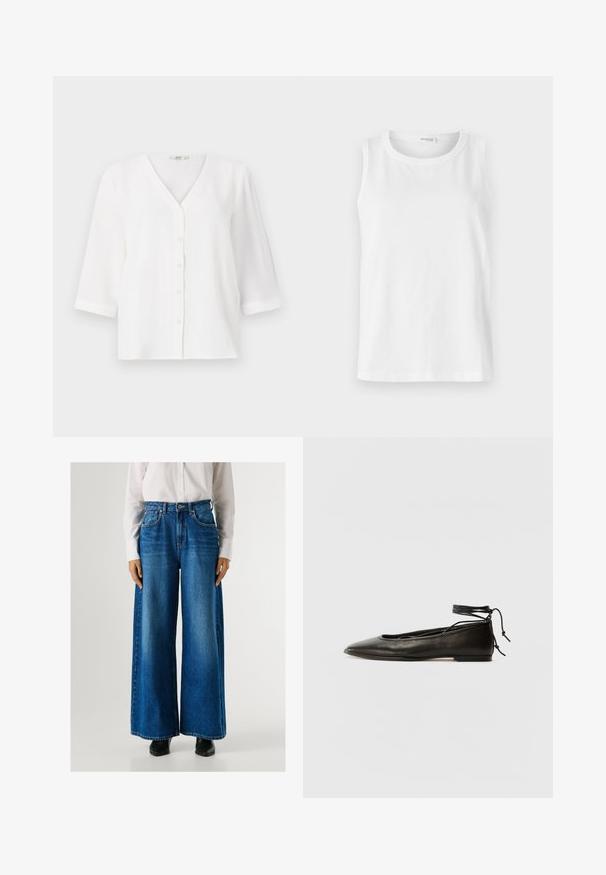 Blusa bianca con scollatura a V e sei bottoni frontali. Presenta maniche tre quarti e una vestibilità comoda. Tessuto morbido e текстurizzato.; Top bianco senza maniche realizzato in morbido cotone. Presenta un collo rotondo e una linea dritta. Design semplice senza motivi o accenti visibili.; Jeans a gamba larga blu con vita alta, realizzati in denim, dotati di tasche anteriori e chiusura con bottone. Texture liscia con un lavaggio classico.; Ballerine in pelle nera con punta affusolata, laccio alla caviglia e suola piatta, caratterizzate da una texture liscia e un design minimalista.
