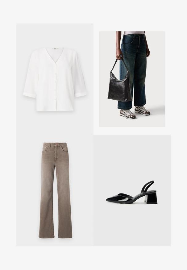 Hvid bluse med V-udskæring og seks knapper foran. Har trekvartærmer og en afslappet pasform. Blødt, struktureret stof.; Brune højtaljede straight-leg jeans med frontknap, bælteløkker og klassisk fem-lomme design på en hvid baggrund.; Sorte patentlæder slingback hæle med spids tå og en geometrisk blok hæl. Har et elegant, minimalistisk design og en glat tekstur.; Sort læder skuldertaske med en glat tekstur og justerbar skulderrem, parret med faded brede bukser og atletiske sneakers.