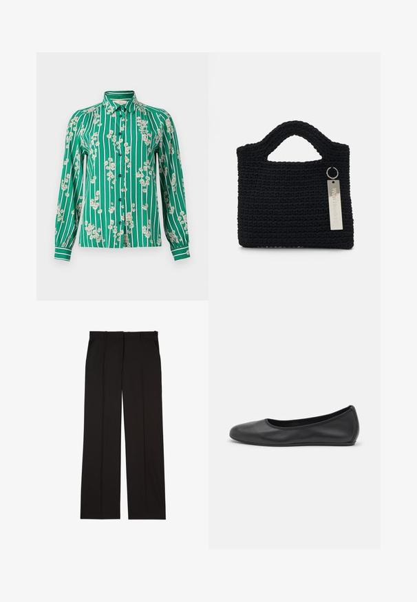 Žalias marškiniai su baltais vertikaliais dryžiais ir gėlių raštais, kuriuose yra mažų geltonų gėlių. Ilgos rankovės su rankogalių detalėmis.; Juodos pritaikytos kelnės, pagamintos iš lygaus audinio, su tiesiomis kojomis ir dviem šoniniais kišenėmis. Elegantiška ir minimalistinė konstrukcija.; Juodai odiniai baletai su apvaliu pirštu, lygi texture, minimalus siuvimo detales ir lanksčiu padų dizainu.; Won Hundred MARSIELLE COMPUTER BAG UNISEX - Nešiojamojo kompiuterio krepšys - black