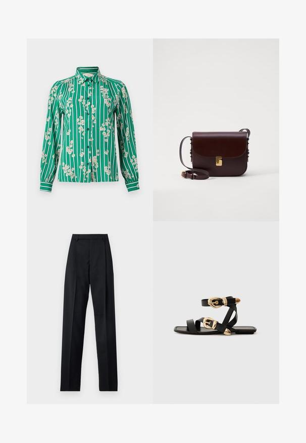 Roheline nööpidega särk, millel on valged vertikaalsed triibud ja lillemustrid, kus on väiksed kollased lilled. Pikad varrukad koos mansetidetailidega.; Mustad püksid siledast kangast, millel on kõrge vöökoht, laiad jalad, esimesed kortsud ja klassikalised vööloopid. Küljepockets pole nähtavad.; Mustad nahast sandaalid kuldsete pandlitega, millel on mitmed rihmad ja lame talladisain avatud varba jaoks.; Pruun nahast kott klappi sulgemisega, kuldsete detailidega ja reguleeritava rihmaga. Omab siledat tekstuuri ja stiilset ristküliku kuju.