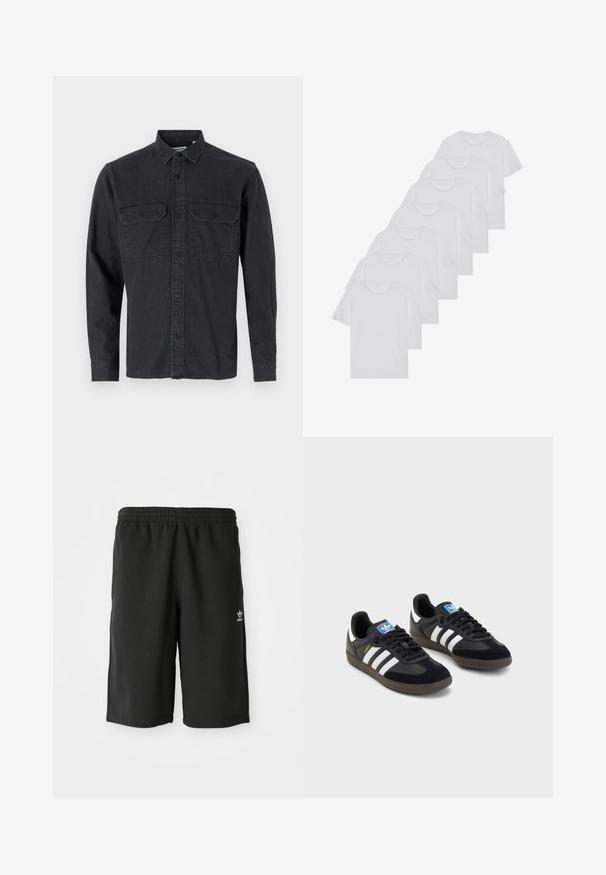Hosszú ujjú, sötétszürke gombos ing, pamut keverékből készült, két mellzsebbel és klasszikus gallér kialakítással.; Fehér pamut pólók, rövid ujjúak, kerek nyak kialakítással, sima textúrával, sorba rakva, diszkrét logóval a nyaknál.; Fekete pamut nadrág, rugalmas derékkal, oldalsó varrásokkal és egy kis fehér logóval a bal lábon. Simaszövet, térd alá érő fazon.; Fekete sportcipők, velúrból és szintetikus anyagból készült felsőrésszel, három fehér csíkkal, textúrázott gumitalppal és kék logó címkével a nyelvén.
