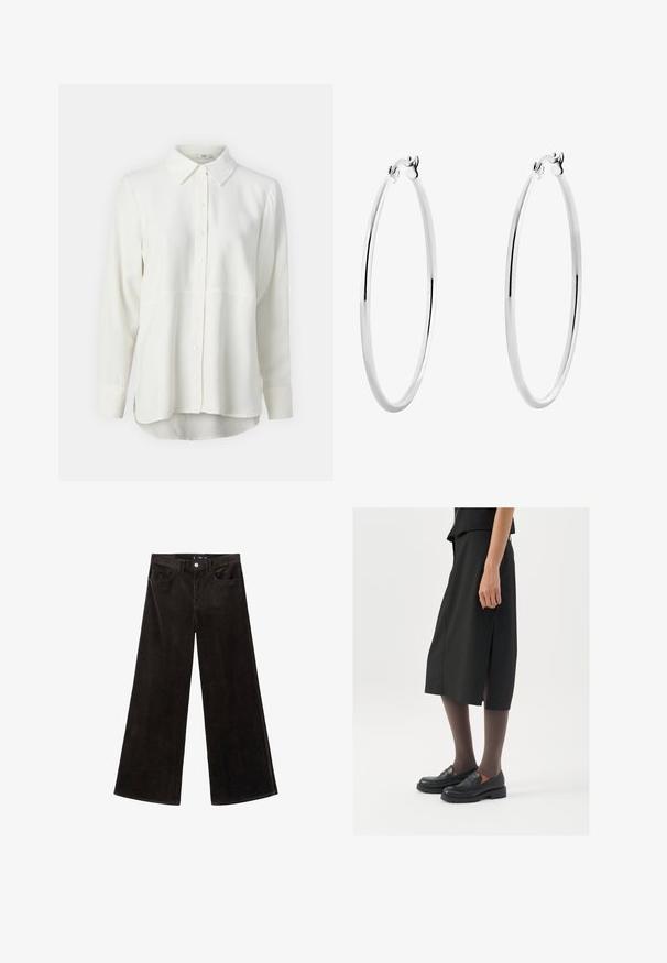 Camicia bianca a maniche lunghe realizzata in tessuto morbido, con colletto classico, chiusura a bottoni e orlo curvo per un fit rilassato.; Top senza maniche a costine grigio con scollatura rotonda. Tessuto morbido e design aderente, adatto per look casual o in sovrapposizione.; Pantaloni in velluto a coste neri a gamba larga con vita alta, tasche frontali e tessuto testurizzato, dotati di chiusura con bottone e passanti per cintura.; Gonna nera alla lunghezza del ginocchio con spacco laterale, abbinata a mocassini neri e collant trasparenti marroni, caratterizzata da un tessuto liscio e un design semplice.; Orecchini a cerchio in argento con una superficie liscia e lucida e una forma circolare sottile. Il design presenta una chiusura sicura.