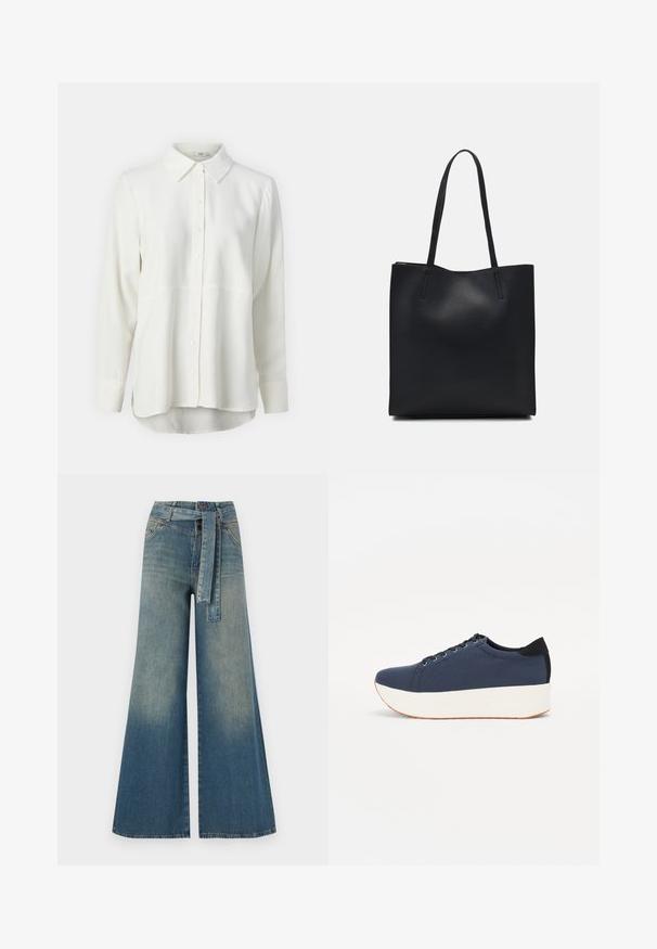 White long-sleeve shirt made of smooth fabric, featuring a classic collar, button front, and curved hem for a relaxed fit.; Wide-leg denim trousers featuring a light to dark blue gradient, high waist, belt loops, and a matching fabric belt. Textured denim finish.; Navy blue sneaker with a textured fabric upper, white platform sole, rounded toe, and black heel accent. Features six eyelets for laces.; Black leather tote bag with smooth texture, rectangular shape, and two long handles. No visible hardware or embellishments.