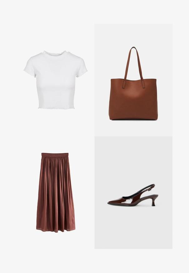 Valge lühikeste varrukatega kropp teepus, mis on valmistatud ribakanga materjalist. Omab lühikesi varrukate lõppe, mille servad on lahtised, ning ümmargust kaelaaugu, millel on volanga detail.; Pruun, põlvikuni ulatuv seelik, mis on valmistatud kergest kangast ja millel on tekstuuriga viimistlus. Omab elastset vööd ja kogutud voldikesi kogu ulatuses.; Pruun patentnahast slingback tossud terava nina ja mõõduka kandega. Omab pandla rihma kindla istuvuse tagamiseks. Sile tekstuur.; Pruun nahast tote-kott, millel on sile tekstuur, avatud ülaosa disain ja kaks õlarihma. Omab minimaalset õmblust ja nähtavat riistvara ei ole.