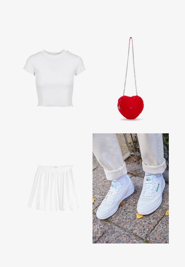 Witte, geknipte t-shirt gemaakt van ribbelstof. Heeft korte mouwen met uitgerafelde randen en een ronde halslijn met een ruchesdetail.; Witte, uitlopende rok van lichtgewicht stof met een elastische tailleband. Heeft een geplooid ontwerp voor volume en vloeiendheid.; Witte leren Reebok sneakers hebben perforatie-details, groene branding op de tong en een gestructureerde outsole. Gemaakt in combinatie met opgerolde lichte broeken.; Rode hartvormige handtas met een zachte, pluizige textuur, zilveren kettingriem en een eraan bevestigd hangertje. Kenmerkt zich door een opvallend pompon-detail.