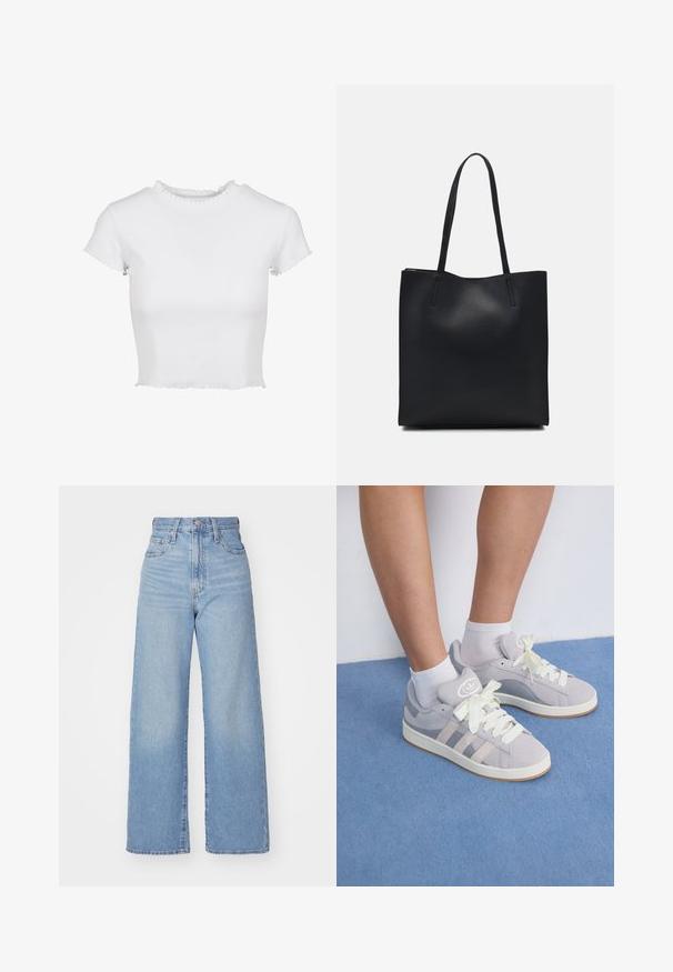 Balta, trumpa marškinėlių tipo maikutė, pagaminta iš raukšlėto audinio. Savybės: trumpi rankoviai su nusidėvėjusiomis pakraštėmis ir apvalus iškirpimas su raukšlėta detale.; Šviesiai mėlynos aukšto liemens plačios kojos džinsai su priekiniais užtrauktukais ir sagom, priekinėmis ir galinėmis kišenėmis, ant baltos fono.; Pilki zomšiniai sportbačiai su baltais raišteliais ir guminiais padais, puikuojantys trimis įstrižainėmis juostelėmis šone ir logotipo etikete ant liežuvio.; Juodas odinis tote krepšys su lygia tekstūra, stačiakampio formos ir dviem ilgais rankenomis. Matomų metalinių detalių ar puošybos nėra.