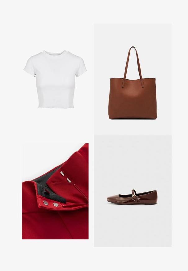 Balta, trumpa marškinėlių tipo maikutė, pagaminta iš raukšlėto audinio. Savybės: trumpi rankoviai su nusidėvėjusiomis pakraštėmis ir apvalus iškirpimas su raukšlėta detale.; Raudona medžiaga su glotnia tekstūra, turinti juodą vidų. Matomi sidabriniai aksesuarai ir užtrauktukas, išryškinantys dizaino detales.; Ruda patento odinė balerina su kvadratine nosimi ir dirželiu, turinčiu mažą auksinį užsegimą. Lygi tekstūra, žemas kulnas ir minimalistinis dizainas.; Ruda odinė priekabų krepšys su glotnia tekstūra, atviru viršumi ir dviem petnešomis. Su minimalia siuvimo detalėmis ir nematoma aparatūra.