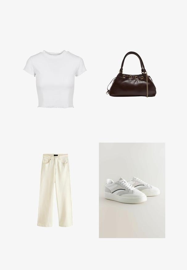 Valkoinen, lyhyt t-paita, joka on valmistettu ribbikankaasta. Siinä on lyhyet hihat, joissa on ru frayed-reunat, sekä pyöreä kaula-aukko, jossa on röyhelöyksityiskohta.; Vyölöysit housut vaaleassa beigen denimissä, jossa on napin sulkeminen, viisi taskua ja sileä pinta. Yksinkertainen ja moderni muotoilu.; Valkoiset tennarit, joissa on sileä synteettinen materiaali ja mokkanahkaisia yksityiskohtia. Ominaisuuksiin kuuluu teksturoitu pohja, nauhakiinnitys ja hienovaraiset sivuyksityiskohdat.; Tumma ruskea nahkalaukku, jossa on sileä pinta, rakenteellinen muoto, kultaiset metalliosat ja kaksinkertaiset kahvat ketjuhässäkällä.