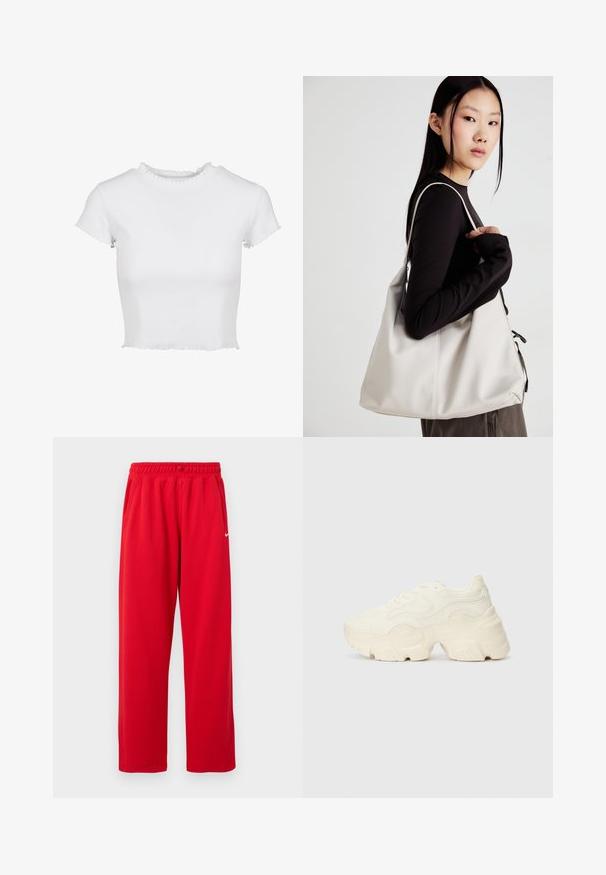 Valge lühikeste varrukatega kropp teepus, mis on valmistatud ribakanga materjalist. Omab lühikesi varrukate lõppe, mille servad on lahtised, ning ümmargust kaelaaugu, millel on volanga detail.; Punased spordipüksid elastse vöökohaga, küljetaskud ja valge Nike logo vasakul küljel. Valmistatud siledast kangast.; Paksud valged tennised, mis on valmistatud tekstureeritud võrgu- ja sünteetilistest materjalidest, pakuvad paksu tallaga ja keerukat mustrit külgedel.; Bež käekott pehme materjali, millel on lõtv disain, õmblustega detailid ja kaks õlarihma. Sobib igapäevaseks kasutamiseks.