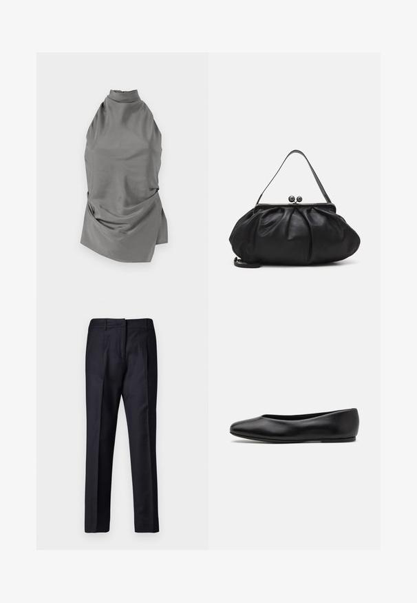 CLOSED HALTER NECK - Bluse - led grey; Sort langærmet turtleneck top lavet af glat stof, med en rynket krave og tætsiddende silhuet med enkle kanter.; Marineblå skræddersyede bukser med en glat overflade, som har flad front, dobbelte plisseringer og bæltestropper. Lige ben, afsluttet kant.; Paul Smith TOPANGA - Ballerinasko - black; Sort læderpung med et rundt, plisseret design. Har en metalspænde med to dekorative kugler og et slankt, aftageligt rem.