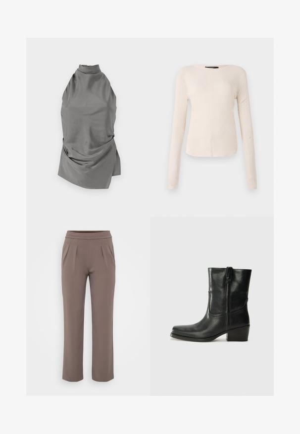 CLOSED HALTER NECK - Bluse - led grey; Langærmet, lys beige top med rund halsudskæring. Lavet af blødt stof, har en central søm og let buet kant. Der er ingen synlige metaldele.; Taupe løs-fit bukser med elastisk talje og frontfald, lavet af glat stof.; Sort læder ankelstøvle med rundt tå, blokhæl, lynlås i siden og stikninger på vampsiden. Glat tekstur, klassisk design.