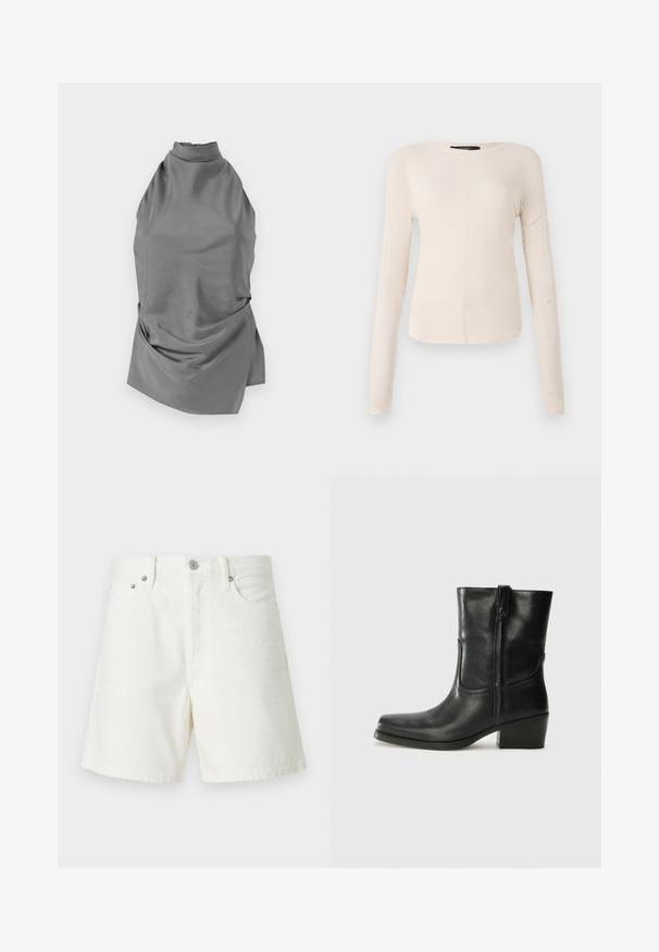CLOSED HALTER NECK - Bluse - led grey; Langærmet, lys beige top med rund halsudskæring. Lavet af blødt stof, har en central søm og let buet kant. Der er ingen synlige metaldele.; Hvide denimshorts med lige snit, fem-lomme-design, frontlukning med knap, sølvfarvet hardware og syede detaljer.; Sort læder ankelstøvle med rundt tå, blokhæl, lynlås i siden og stikninger på vampsiden. Glat tekstur, klassisk design.