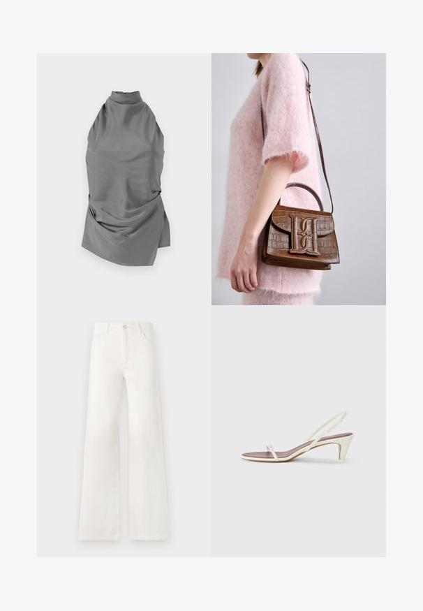 CLOSED HALTER NECK - Bluse - led grey; Hvide, højtaljede bukser med bred ben lavet af denim. Har en knaplukning, to forlommer og sidesømme med syningsdetaljer.; Hvide slingback sandaler med en let hæl, tynde stropper og en glat læderoverflade; har en lille dekorativ spænde.; Brun håndtaske med krokodillepræg, med et topgreb og skulderrem. Har et fremtrædende logo på frontklaffen. Blød tekstur.
