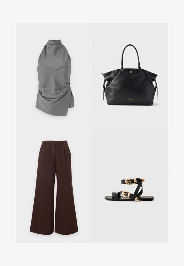 CLOSED HALTER NECK - Bluse - led grey; Højtsiddende, brede brune bukser med knap- og lynlåslukning, bæltestropper og forkantede folder.; Sorte lædersandaler med guldspænde detaljer, der har flere stropper og et fladt såldesign til åbne tåer.; Sort lædertaske med tekstureret overflade, guldfarvet beslag og to runde håndtag. Har en sikker lukning og minimal branding.