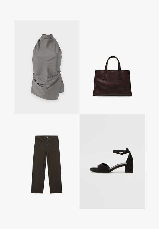 CLOSED HALTER NECK - Bluse - led grey; Mørkegrønne brede jeans lavet af en bomuldsblanding, med en frontlukning med knap, fem lommer og klassisk denim-syning.; Sorte ruskind hælede sandaler med en tynd ankelsnor, åben tå design og en beskeden blokhæl. Glat tekstur og minimale detaljer.; Brun læder tote bag med to forlængede håndtag, struktureret rektangulær form, glat overflade og subtile syninger.