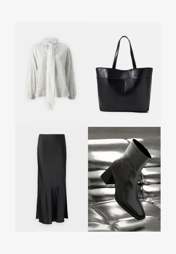 Bela, lahka bluzica s kratico za zavezovanje, balonastimi rokavi in teksturiranimi poudarki na ramenih. Izdelana iz mehke, zračne tkanine.; Črna satenska midi krila z elegantnim dizajnom, ki ima rahlo razširitev na robu in stranski razporek za enostavno gibanje. Gladka tekstura.; Črne gležnjarje iz sijočega materiala s kvadratnim prstom in zoženim peto, postavljene na sijoče srebrno oblazinjeno ozadje.; Črna usnjena torba z dvema dolgima ročajema, gladko teksturo in strukturirano obliko. Ima sprednji žep za dodatno shranjevanje.; Srebrne obročaste uhane z gladko, sijočo površino. Zaobljena oblika, lahka zasnova, z zapiranjem na zatič.