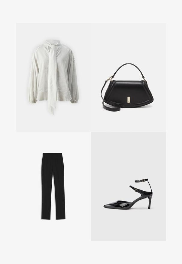 White, lightweight blouse with a tie neckline, balloon sleeves, and textured accents on the shoulders. Made from a soft, breathable fabric.; Black tailored trousers with a straight-leg design, featuring front pockets and a smooth, textured fabric. Neat, minimal detailing.; Black patent leather heels with a pointed toe, adjustable ankle straps, and a slender heel. Smooth texture with a shiny finish.; Black leather handbag with a structured design, featuring a cropped shape, top handle, and gold hardware accent. Adjustable shoulder strap included.