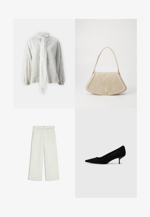 Vit, lätt blus med knytkrage, ballongärmar och texturerade detaljer på axlarna. Tillverkad av ett mjukt, andningsbart material.; Vita byxor i ljus krämig tyg, med sidofickor, platt fram och en enda knappstängning vid midjan. Slät struktur.; Svart mocka hög klackskor med spetsig tå och en smal, låg klack. Slät textur med en elegant design, utan synlig hårdvara.; Beige mockaskväska med en rundad triangulär form, ett enda axelband och en guldfärgad detaljer på framsidan.