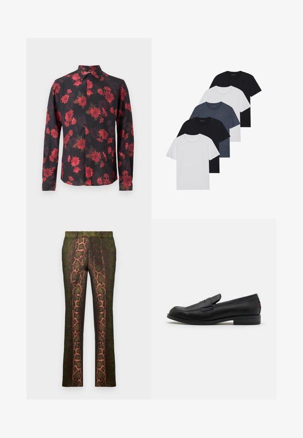 Zwarte lange mouw shirt met een rood bloemenpatroon, button-down kraag en voorplacket. Lichtgewicht stof met een gladde textuur.; Set van vijf t-shirts in zwart, wit en marineblauw. Katoenen stof, korte mouwen, ronde halsontwerp en een effen textuur zonder patronen.; Groene broek met een slangenprintdesign in bruin en oranje tinten, rechte snit en een gladde textuur.; Zwarte leren instappers met een gladde afwerking, ronde neus en een kleine decoratieve flap. Heeft een lage gestapelde hak en een subtiel merkteken.