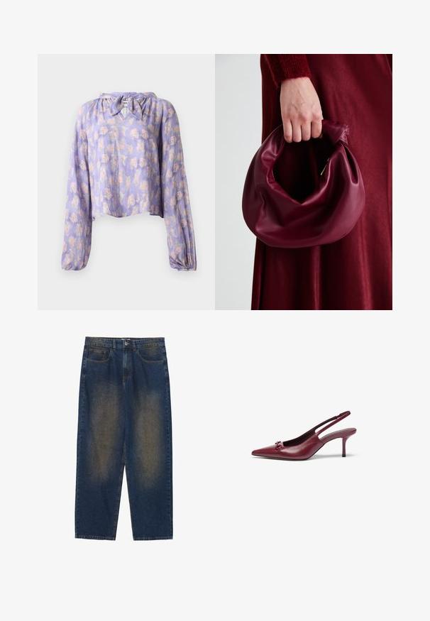 Blomsterbluse i lys lilla stof med lange puffede ærmer og en bundet halsudskæring. Har et delikat print af pink og grønne blomster.; Blå denimbukser med en afslappet pasform, mellem vask, fem lommer, knaplukning og let udvaskede sektioner på forsiden.; Bordeaux slingback højhælede sko med spids tå, lavet af læder. Har en dekorativ detalje på vampen og en 7,5 cm stilettohæl.; Bordeaux læderhåndtaske med et blødt, samlet design og en rund form. Håndtaget er sikret og viser en glat tekstur.