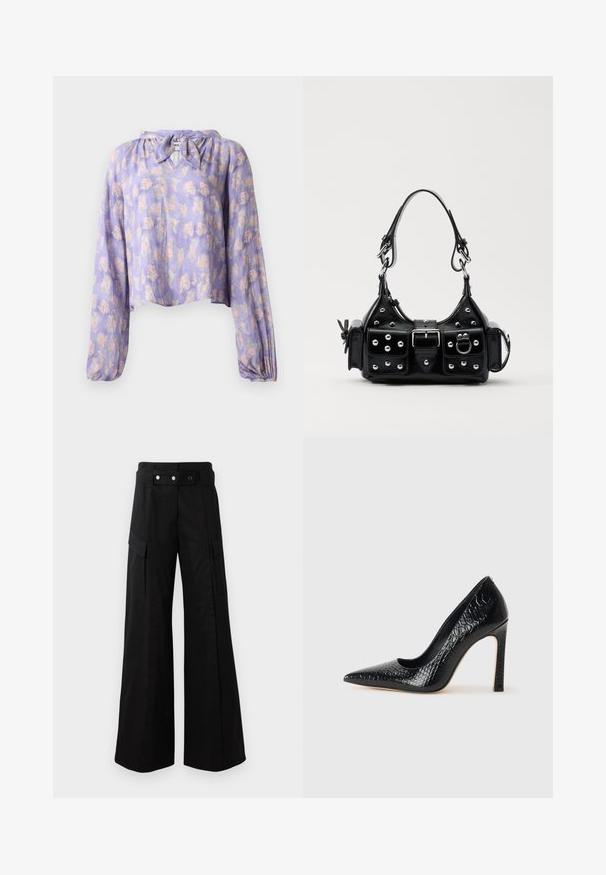 Blumenbluse aus helllila Stoff mit langen puffierten Ärmel und gebundenem Ausschnitt. Mit einem zarten Druck von pinken und grünen Blumen.; Schwarze weit geschnittene Hose mit hohem Bund, großen Seitentaschen, zwei vorderen Knöpfen und einer Schlaufen-Detail. Aus robustem Stoff gefertigt.; Schwarzer, spitz zulaufender High Heel mit Krokodilleder-Struktur, elegantem Design, hohem Stiletto-Absatz und glattem schwarzen Innenraum.; Schwarze Lederhandtasche mit einem geschwungenen Design, verziert mit silbernen Nieten, einer Schnalle und zwei seitlichen Taschen. Verstellbarer Träger für verschiedene Tragemöglichkeiten.